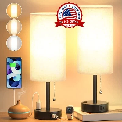 2 Lamparas De Mesa De Noche Luces Retro Gris Con Puerto USB Sala Dormitorio Coci - Image 1 of 4