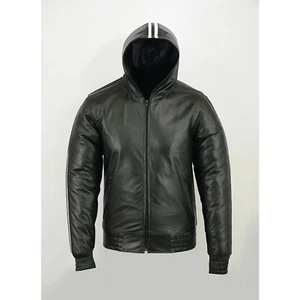 Men's Black Hoodie Genuine Lambskin Leather Handmade Jacket All Size - Picture 1 of 9
