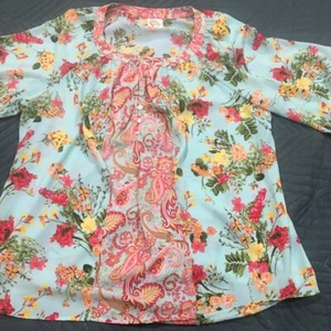 Fig & Flower Anthropologie Plus 2X Blouse Tunic Teal Floral Colorful Boho Sheer - Picture 1 of 15