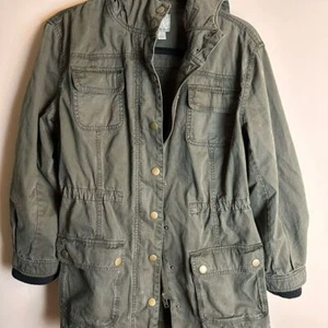 Halogen Women's Utility Jacket S Hooded High Neck Army Green Zip Pockets - Picture 1 of 17