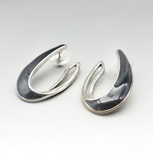 Trifari Earrings Oval Hoops Black Enamel Silver Tone 1.5 Inch Drop Pierced Ear
