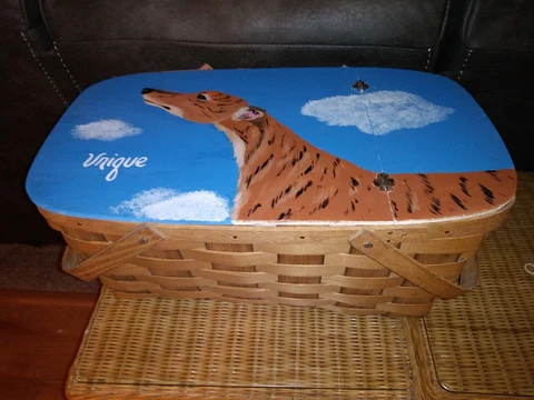 Unique Tiger Grey Hound Hand Painted Red And White Lined Picnic Basket J Howard Cover