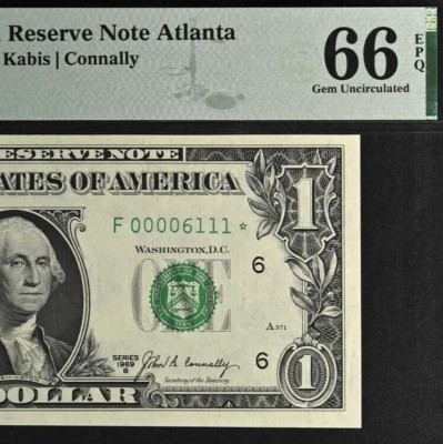 1969B $1 FRN Atlanta Star PMG 66EPQ rare low serial number star 0006111* - Image 1 of 3