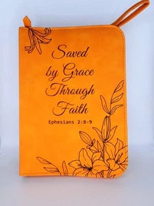 Bible Cover With "Saved By Grace Through Faith" Orange Cover W/Brown Accents - Picture 1 of 5