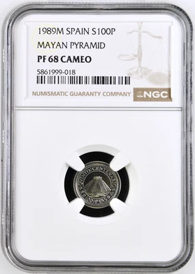 1989-M Spain 100 Pesetas Juan Carlos I Mayan Pyramid Silver Coin NGC PF 68 CAMEO - Image 1 of 4