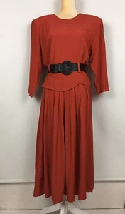 Vtg 80’s Ultra Dress New York Red Black Belt Midi Peplum Modest Sophisticated 8 - Picture 1 of 9