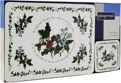 the Holly and the Ivy Set of 6 Placemats and Set of 6 Coasters, Wood with Cork B - Image 1 of 4