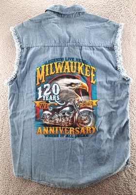 Hot Leathers Motorcycle Biker Vest Cutoff Sleeves Mens XL Denim 120th Milwaukee - Image 1 of 4