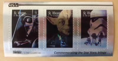San Vicente 1995 - Plata Star Wars, Yoda, Darth Vader - Hoja de 3 estampillas - MNH Foto 1 de 2