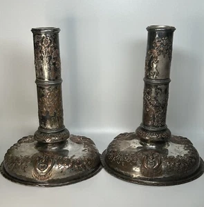 Par de flores grandes candelabros de colección plateados sobre cobre caras risas boho - Imagen 1 de 11