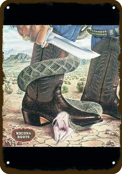 1980 NOCONA BOOTS Vaquero y Serpiente de Cascabel Aspecto Vintage Réplica Decorativa Letrero de Metal Foto 1 de 1