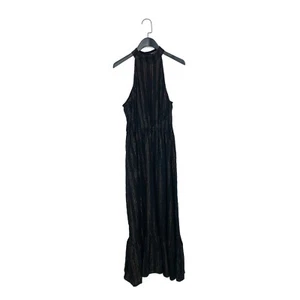 NEXT Petite Striped Black Bronze Metallic Halter Neck Midi Dress - Size 12 - Picture 1 of 11