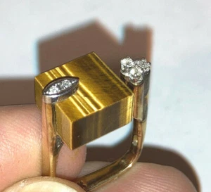 Unikat Vintage Art Deco Ring 14k Gelbgold Diamanten Tigerauge Größe 6 Modernist - Bild 1 von 12