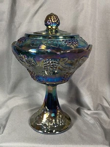Indiana Glass Harvest Grape Blue Carnival Wedding Bowl/Candy Dish W/Lid Vintage - Picture 1 of 3