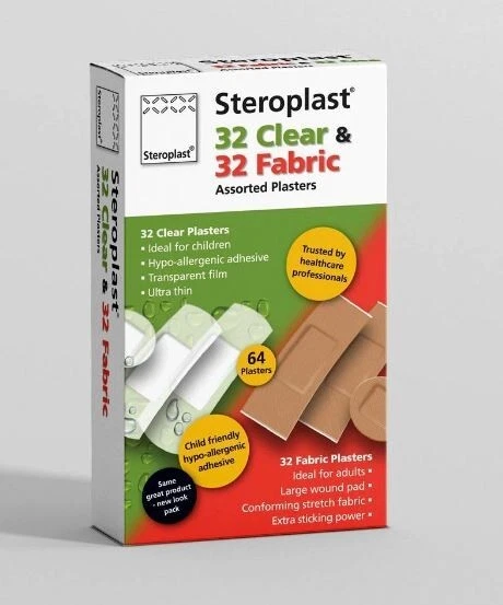 STEROPLAST HEALTHCARE Clear & Fabric Plasters - 64 Assorted x 1 Box