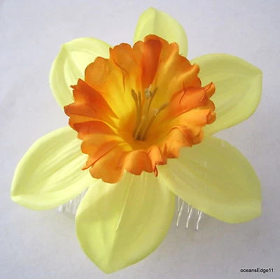 Peine de pelo de 5" amarillo naranja narciso flor de seda, pin updo, rockabilly, novia Foto 1 de 2