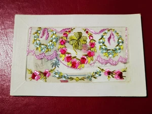 CPA Heureuse Année Carte Brodée Trèfle a 4 Feuilles , Fleurs et Fer - fait main - Imagen 1 de 2