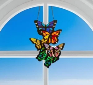 Butterflies Vertical Hanging Stained Glass Window Panel Suncatcher 13in - Picture 1 of 9