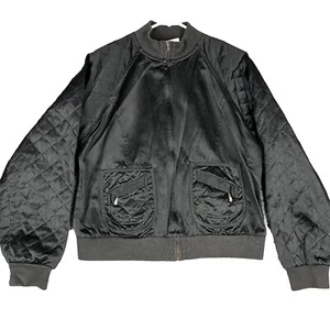 VTG Bill Blass Black Satin Bomber Jacket Womens Large Quilted Sleeves Zip Up EUC - Picture 1 of 15