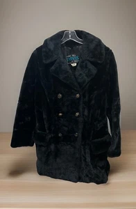Vtg  DAVIS OF BOSTON Black Faux Fur Jacket Fleur de lis Buttons Satin Medium - Picture 1 of 5