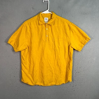 Zara Mens Size Medium Relaxed Fit Linen-Blend Short Sleeve Shirt Yellow - Image 1 of 4