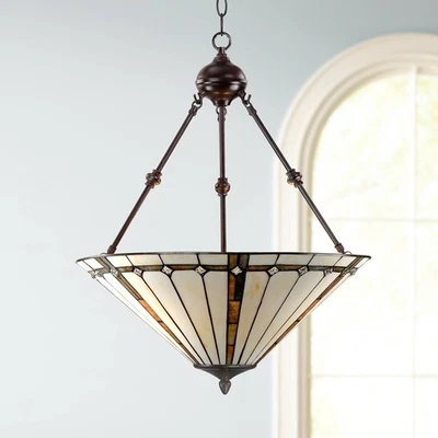 Lámpara colgante Tiffany de bronce 20" oro marfil vitral isla de cocina Foto 1 de 4