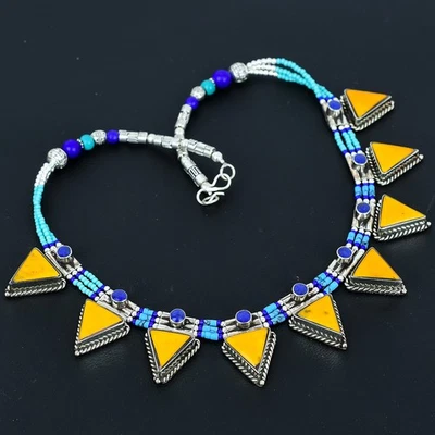 Coral Turquoise Lapis Lazuli 925 Sterling Silver Tibetan Nepali Necklace 18" h75 - Image 1 of 4