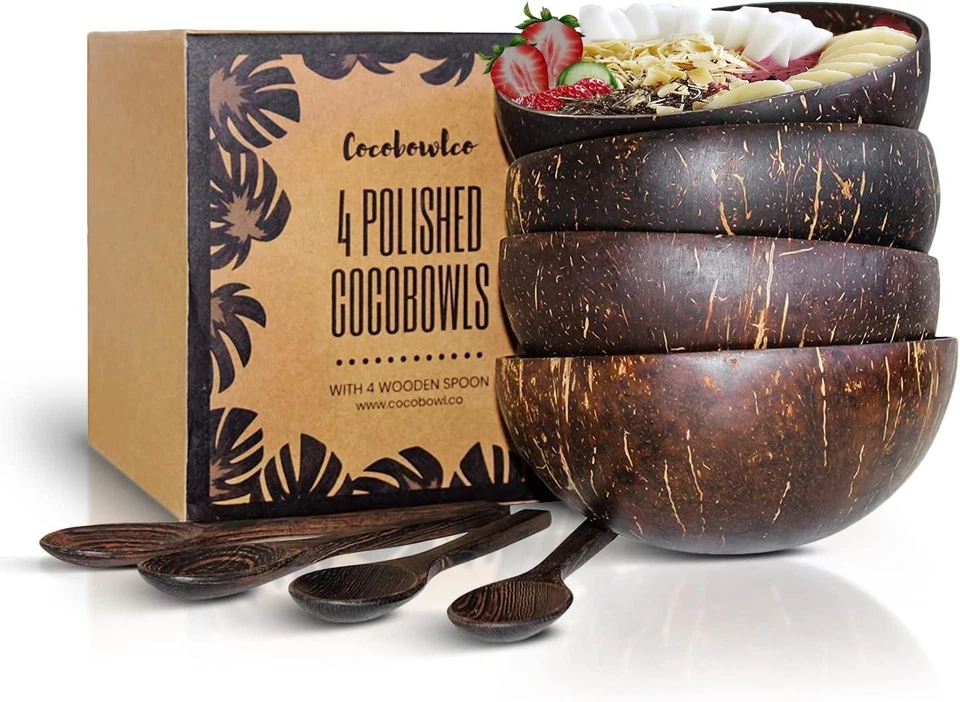Coconut Bowls and Wooden Spoon Sets 4 Vegan Organic Salad Smoothie Bowl Kitchen
