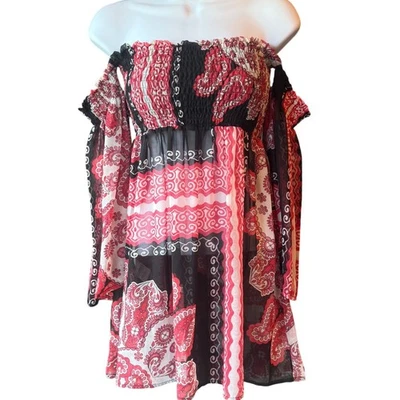 Dries Van Noten Sheer Off Shoulder Boho Patchwork Bandana Print Mini Dress L - Image 1 of 4