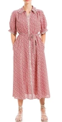 Vestido camisero Max Studio XS manga abullonada faja cinturón rojo abotonado NUEVO $168 #C Foto 1 de 4