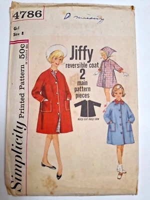 Coat Reversible Jiffy Girls 8 Simplicity 4786 Sewing Pattern NO SCARF VTG Easy - Image 1 of 4