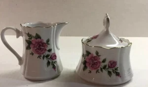 VTG Wunsiedel Bavaria Germany Sugar & Creamer Set Rose Design & Ivory w/ Gold - Picture 1 of 12