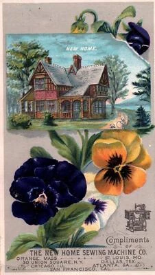 COUNTRY HOUSE, Lovely PANSIES On NEW HOME SEWING MACHINES Victorian Trade Card - Image 1 of 2