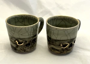 Somayaki Crackle Green Glaze Dbl Wall Gold Hearts/Horse Mugs Cups Set/2 VTG EUC - Picture 1 of 10