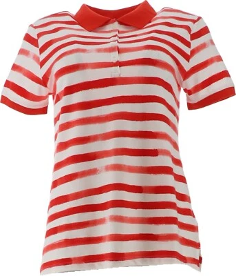 Lands' End Short Slv Mesh Polo Bright Cherry Stripe PS NWOT (629) - Image 1 of 4