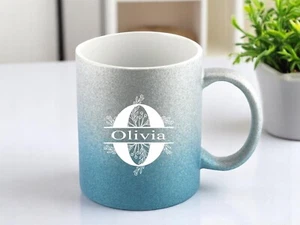 Personalised Engraved Mug With Initial 11oz Durham Mug Silver/Blue Glitter - Picture 1 of 3
