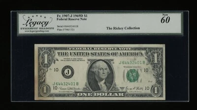 DBR 1969-D $1 FRN Kansas City Fr. 1907-J Legacy 60 Serial J64432401B - Image 1 of 2