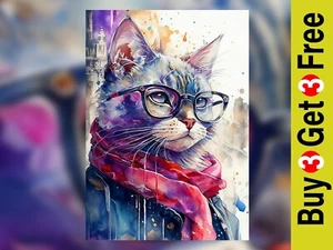 Ritratto di gatto hipster stampa 5"x7" su carta opaca | Acquerello eccentrico arte animale - Foto 1 di 18