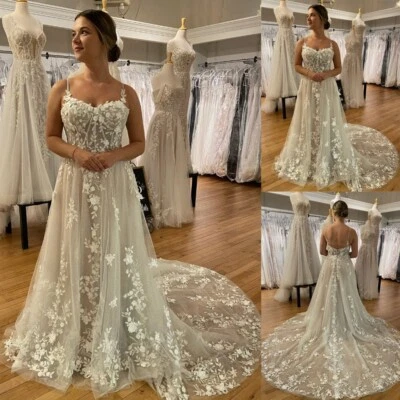Bohemian Lace Appliques Wedding Dresses with Straps Court Train Bridal Gowns - Image 1 of 4
