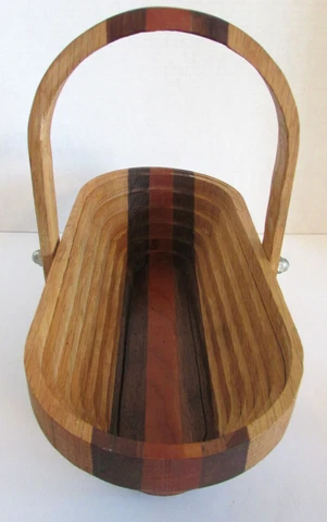 Vintage Wooden Collapsible Oval Basket Handmade Trivet Three Tone Stains Colors Cover