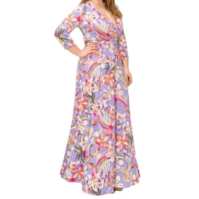 Maxi Vestido Janette Moda Lavanda Tostado Naranja Floral Imitación Envolvente Talla Plussa Foto 1 de 4