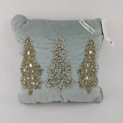Bella Lux 海玻璃蓝色银色金色串珠圣诞树枕头 12x12 (D) — 第 1/4 张图片