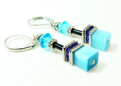 Ohrringe Ohrhänger Cube Würfel Cat Eye Kristall Glas türkis Strass blau 500i - Bild 1 von 4