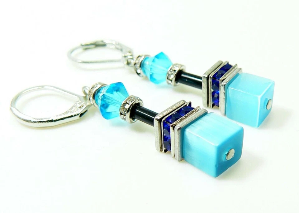 Ohrringe Ohrhänger Cube Würfel Cat Eye Kristall Glas türkis Strass blau 500i - Bild 1 von 4
