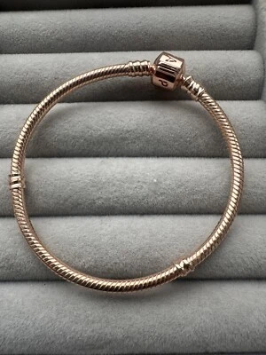 Pandora S925 Classic Square Rose Gold Buckle Snake Chain Charm Bracelet 19cm - Image 1 of 2