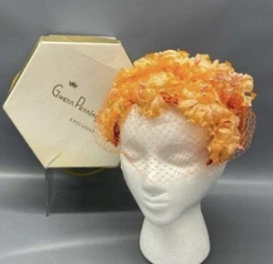 VNT 50s 60s Pennington Orange Pink Flower Pillbox Hat Floral Spring Mesh Mcm - Bild 1 von 11