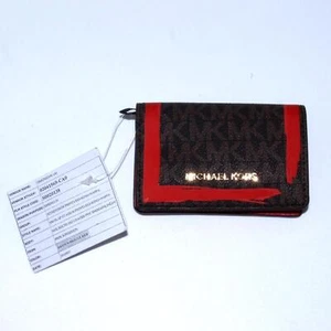 MICHAEL KORS Jet Set Travel Card Case Wallet MK Red Brown Leather NWT - Picture 1 of 6