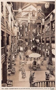(Montana MT) Lobby Many Glacier Hotel National Park Real Photo RPPC Postcard - Picture 1 of 2