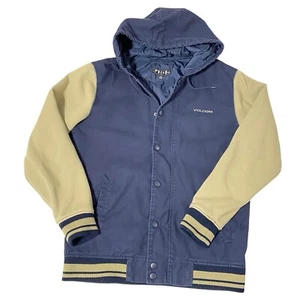 Volcom Jacket Men XL Blue Tan Bomber Varsity Letterman Snap Hoodie Skate Cotton - Picture 1 of 8