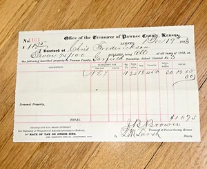 Recibo de impuestos de 1893 Oficina del Tesorero del Condado de Pawnee Kansas - Imagen 1 de 6